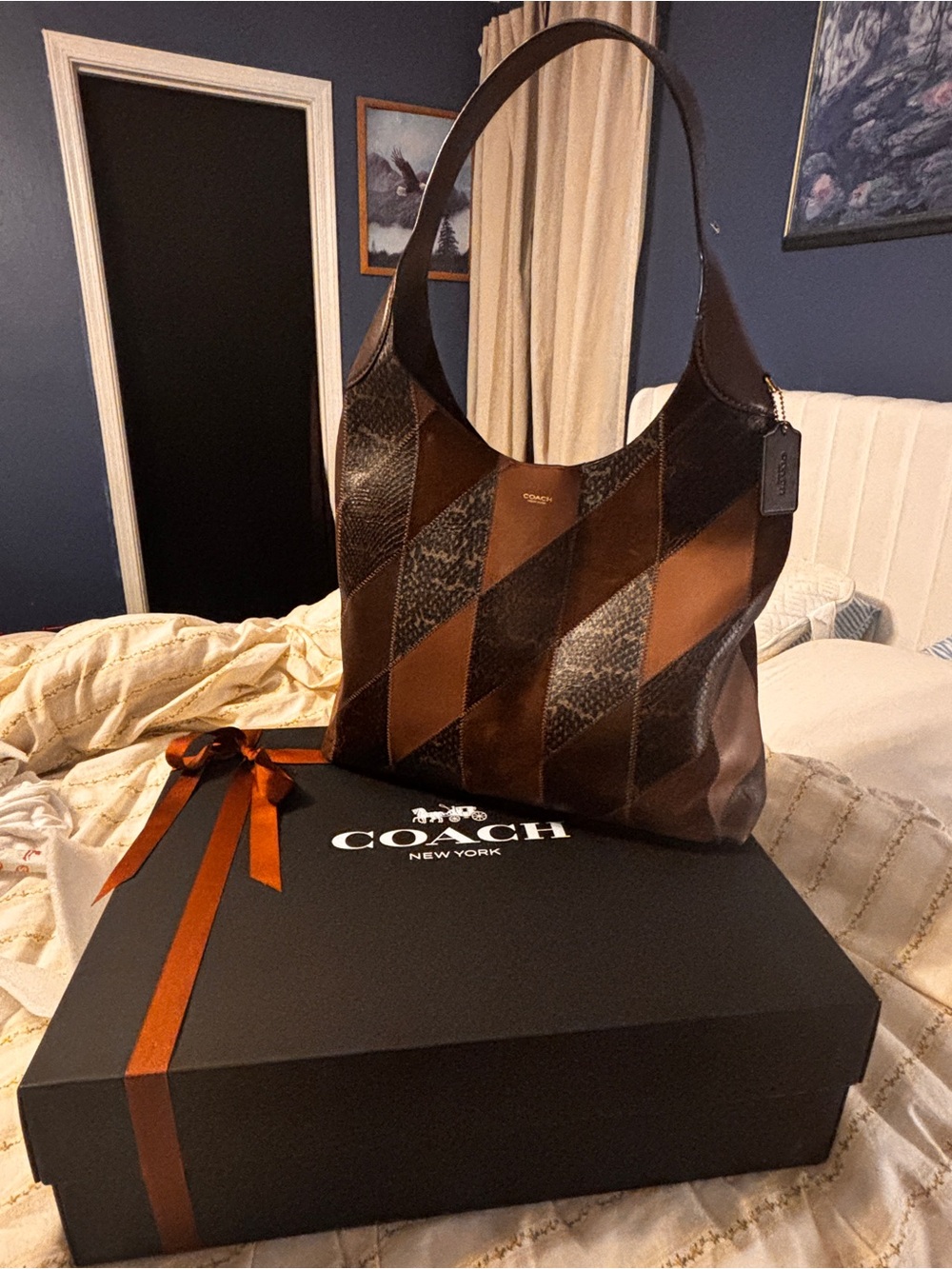 Coach Patchwork Leather Shoulder Hobo in Brown and Tan